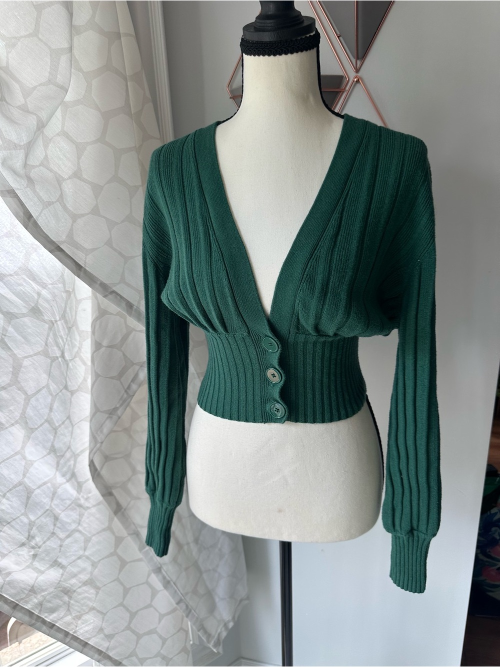 WILFRED ARITZIA Deep Green Ribbed Plunge V-Neck Wool Cotton Cardigan Sweater XS